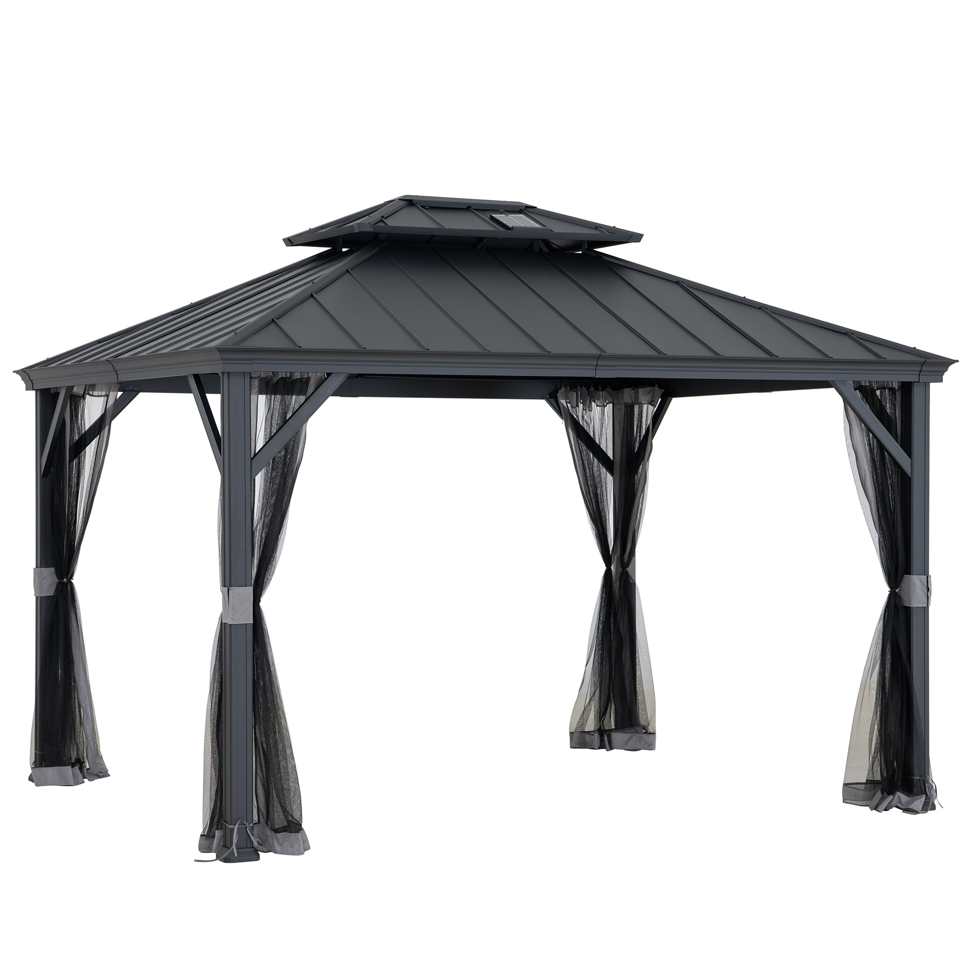 Sunjoy Hardtop Gazebo 10 x 12 ft. with Solar Panel Outdoor Patio Aluminum Frame Gazebo , 2-Tier Steel Hardtop Backyard Gazebo with Netting and Ceiling Hook, Black