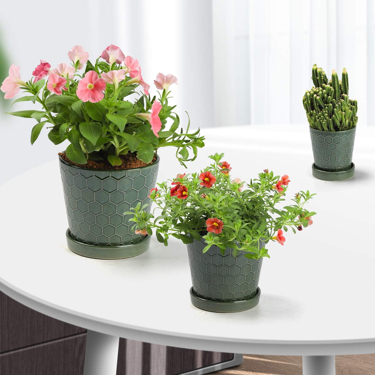 BUYMAX 4",5",6" Dia Planter Set of 3, Modern Style Ceramic Plant Pots with Drainage Hole and Tray for Indoor Outdoor Patio, Forest Green​