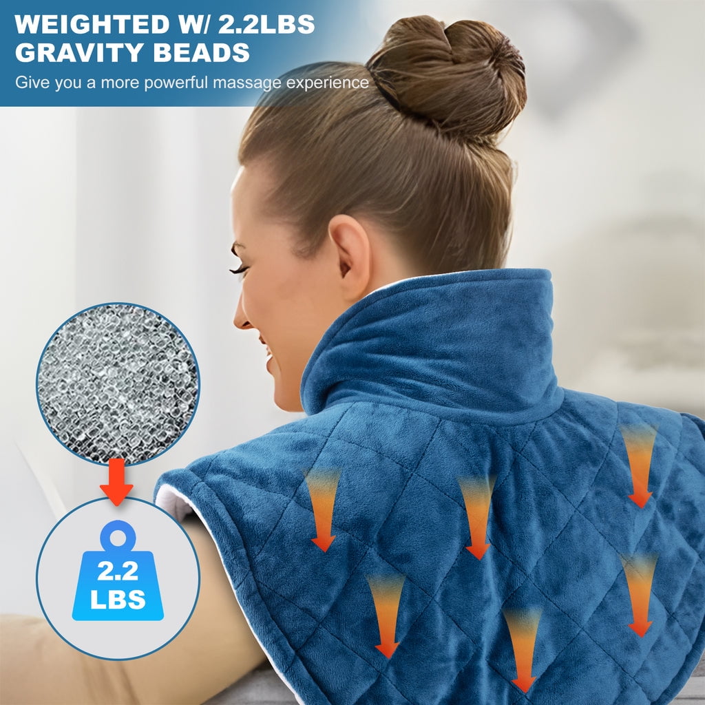 Keenstone Wearable Weighted Heating Pad for Neck and Shoulders Blue , 2.2lb Large Electric Heated Neck Shoulder Wrap for Warmth and Comfort - 19.3"x22.4"
