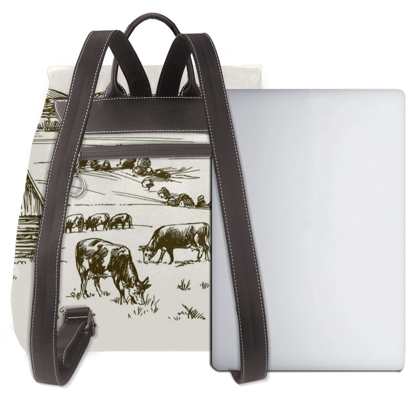 Xecao Cows Grazing On The Meadow 1 Print Large Backpack Soft Leather for Women Travel with Compartment, Adjustable Convertible Strap