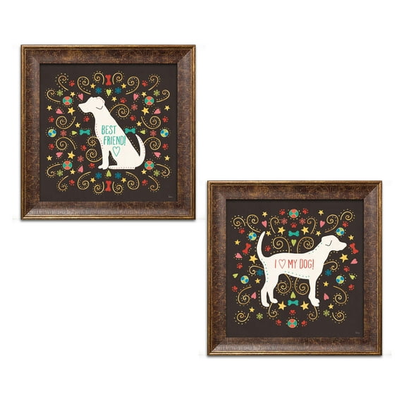 Gango Home Decor Contemporary Otomi Dogs II Dark & Otomi Dogs III Dark by Veronique Charron (Ready to Hang); Two 12x12in Gold Trim Framed Prints