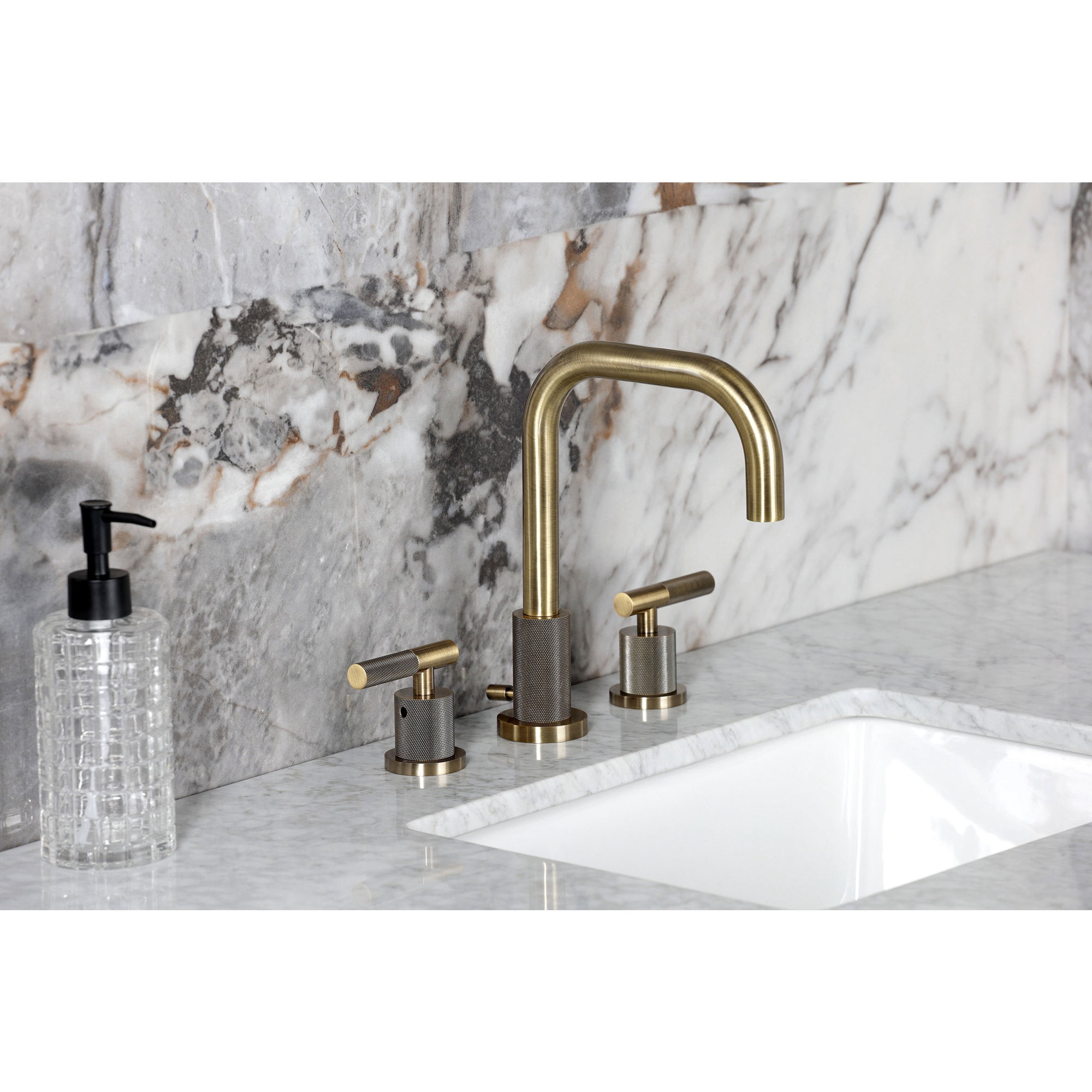 Kingston Brass FSC893KNLAB Convergent Two-Handle 3-Hole Deck Mount Widespread Bathroom Faucet with Knurled Handle and Brass Pop-Up in Antique Brass