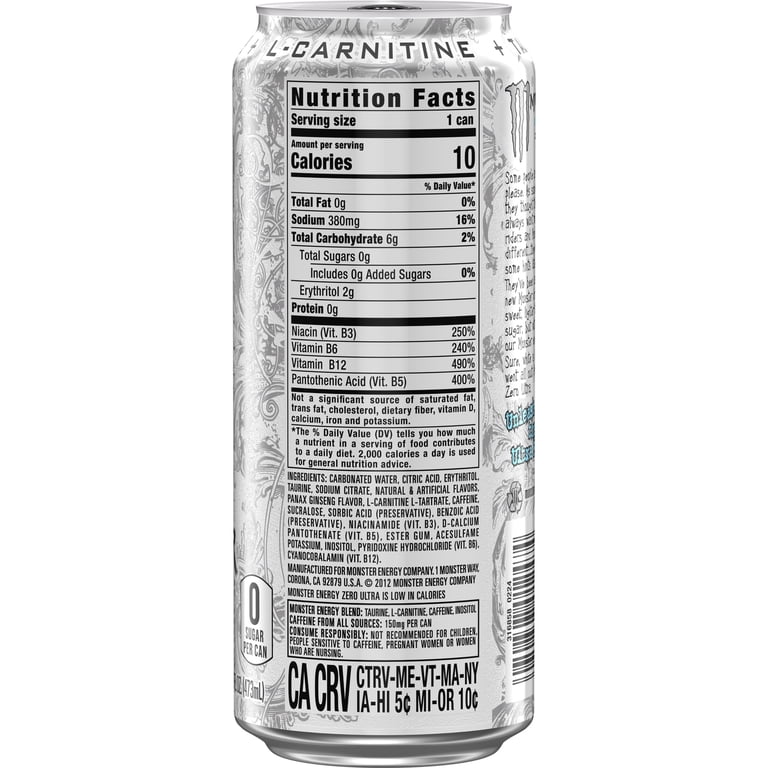 how much l carnitine is in white monster Monster Energy, Zero Ultra, Sugar Free Energy Drink, 16 Fl Oz