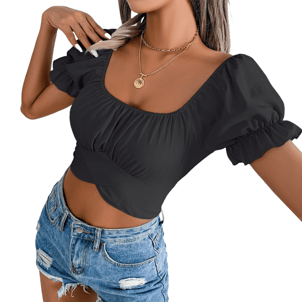 Blusa Informal de Verano con Cuello Cuadrado, Mangas y Hombros Descubiertos para Mujer, con Volantes y Lazo en la Espalda. Negro M