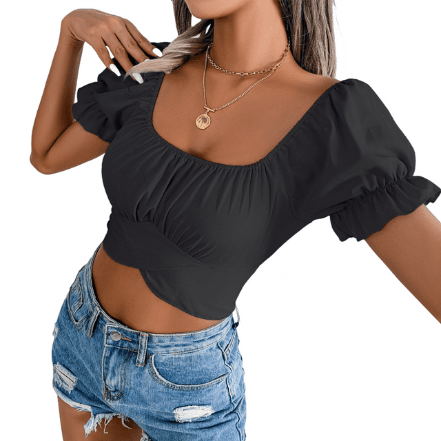 Blusa Informal de Verano con Cuello Cuadrado, Mangas y Hombros Descubiertos para Mujer, con Volantes y Lazo en la Espalda. Negro M