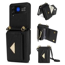 Dteck for Samsung Galaxy Z Flip 4 Wallet Case with Card Holder, Crossbody Wallet Leather Handbag with Detachable Lanyard Magnetic Flip Case for Galaxy Z Flip4 5G,Black