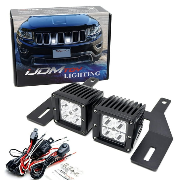 Behind Grille Mount 40W LED Pod Light Kit For Jeep 2011-2021 Grand Cherokee, Includes (2) 20W High Power LED Cubes, Mounting Brackets, On/Off Switch Relay