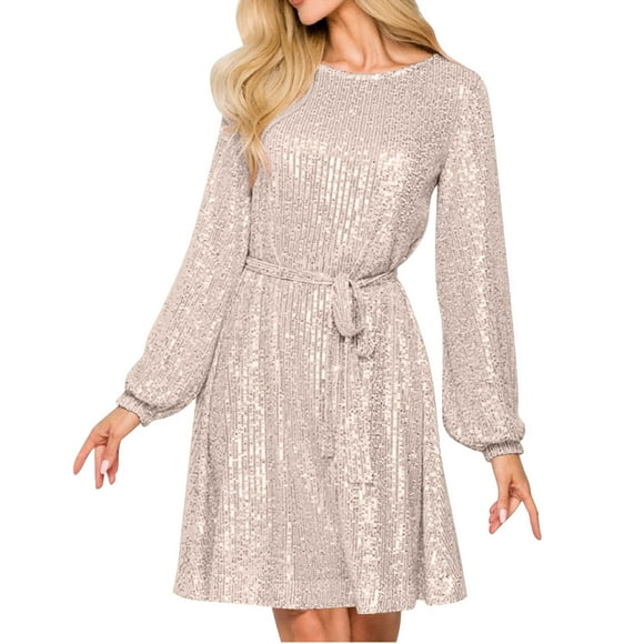 Lovzfmll Women's Solid Color Sequin Bead Round Neck Long Sleeve Fashionable Dress Rose Gold, L