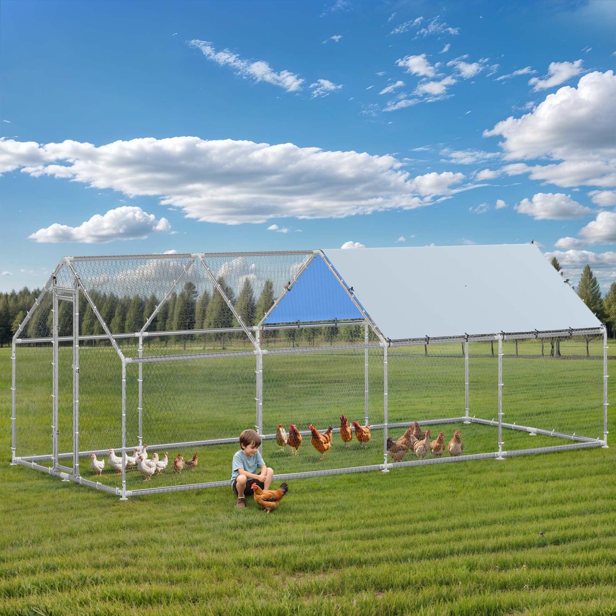 Uforic Chicken Run Coop 26 x 9.8 x 6.4 FT Large Metal Spire Shaped Chicken Coop, Walk-in Hen Cage, Outdoor Poultry Cage with Waterproof Anti-UV proof Cover and Wire Mesh for Backyard,Outdoor Farm Use