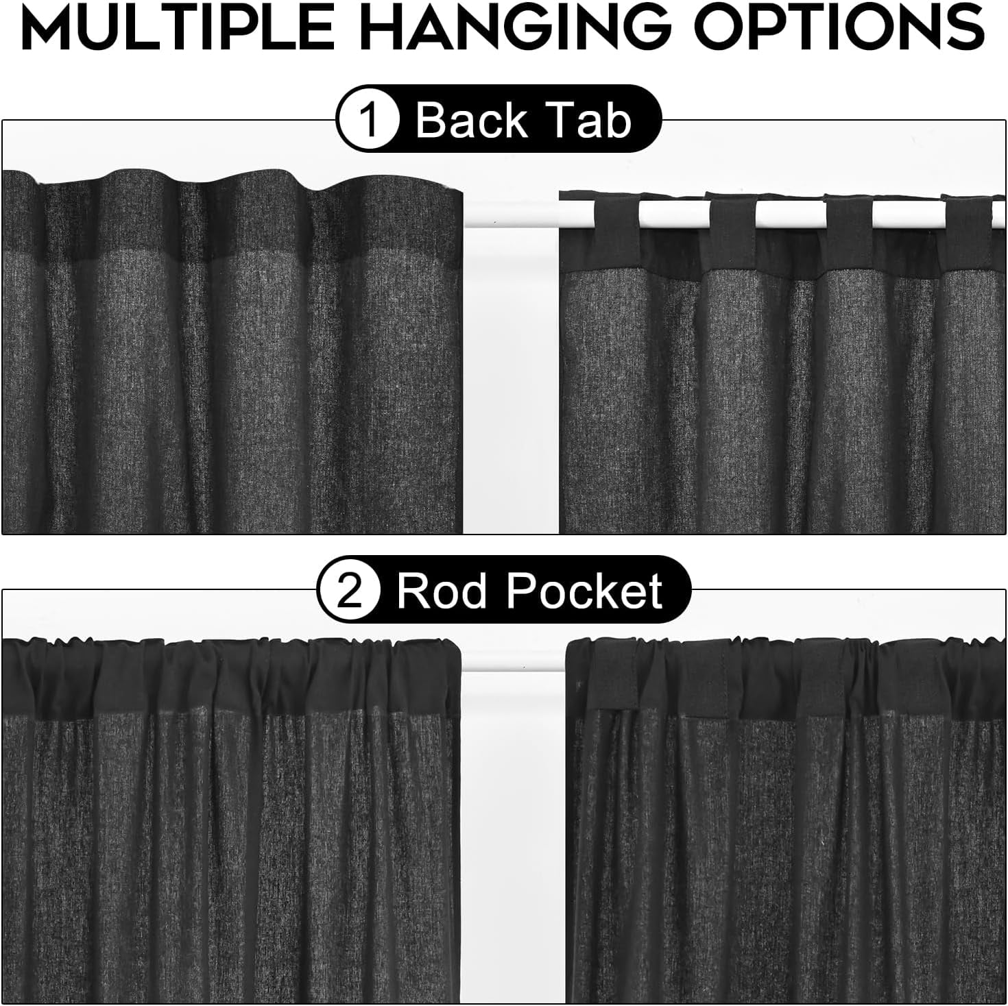 Alishomtll Stripe Kitchen Curtains 8 Button Linen Cotton Window Curtains Sets 36 Inches Long ,Rod Pocket ,Black