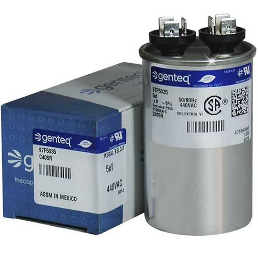 5 uF MFD x 440 VAC Round Genteq / GE Industrial Replacement Capacitor C405R / 97F5035