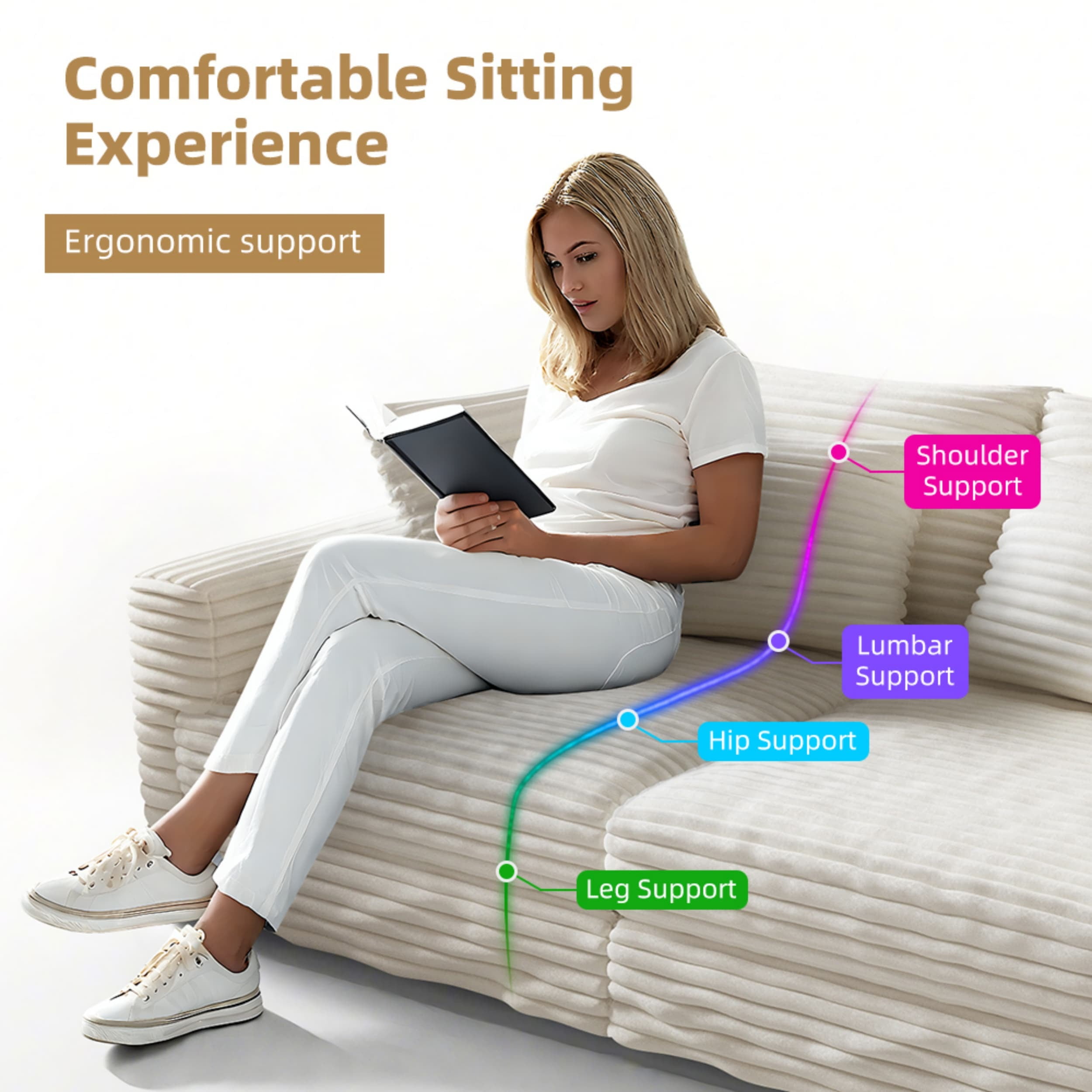 Alvantor 4-Seat Sofa 102" W Corduroy Upholstered Deep Seat Couches Convertible Chaise for Living Room, Apartment Beige