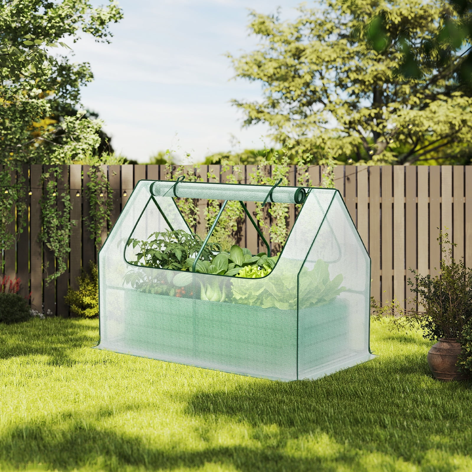 Aoodor Raised Garden Bed Kit, 4x2x3 ft Galvanized Planter Box with PE Cover, Screen Windows for Gardening, White