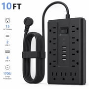 10FT Flat Plug Power Strip Surge Protector, 11 AC Outlets with 4 USB & 2 USB-C Ports, 1250W/10A Extension Cord, Overload Protection, Wall Mount for Home Office Dorm(Black))