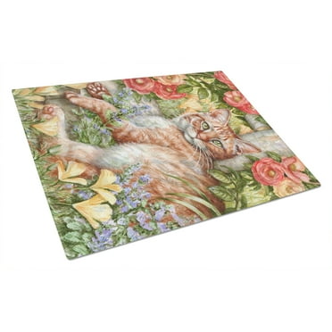 Tabby In The Roses by Debbie Cook Glass Cutting Board Large