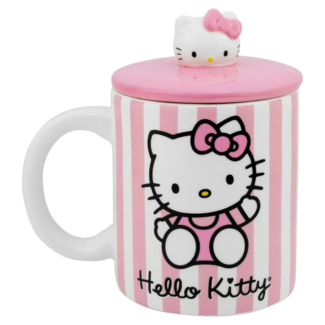 Taza Grande de Cerámica con Tapa Esculpida en 3D, Diseño Hello Kitty, Colección Sanrio, Capacidad 532 ml
