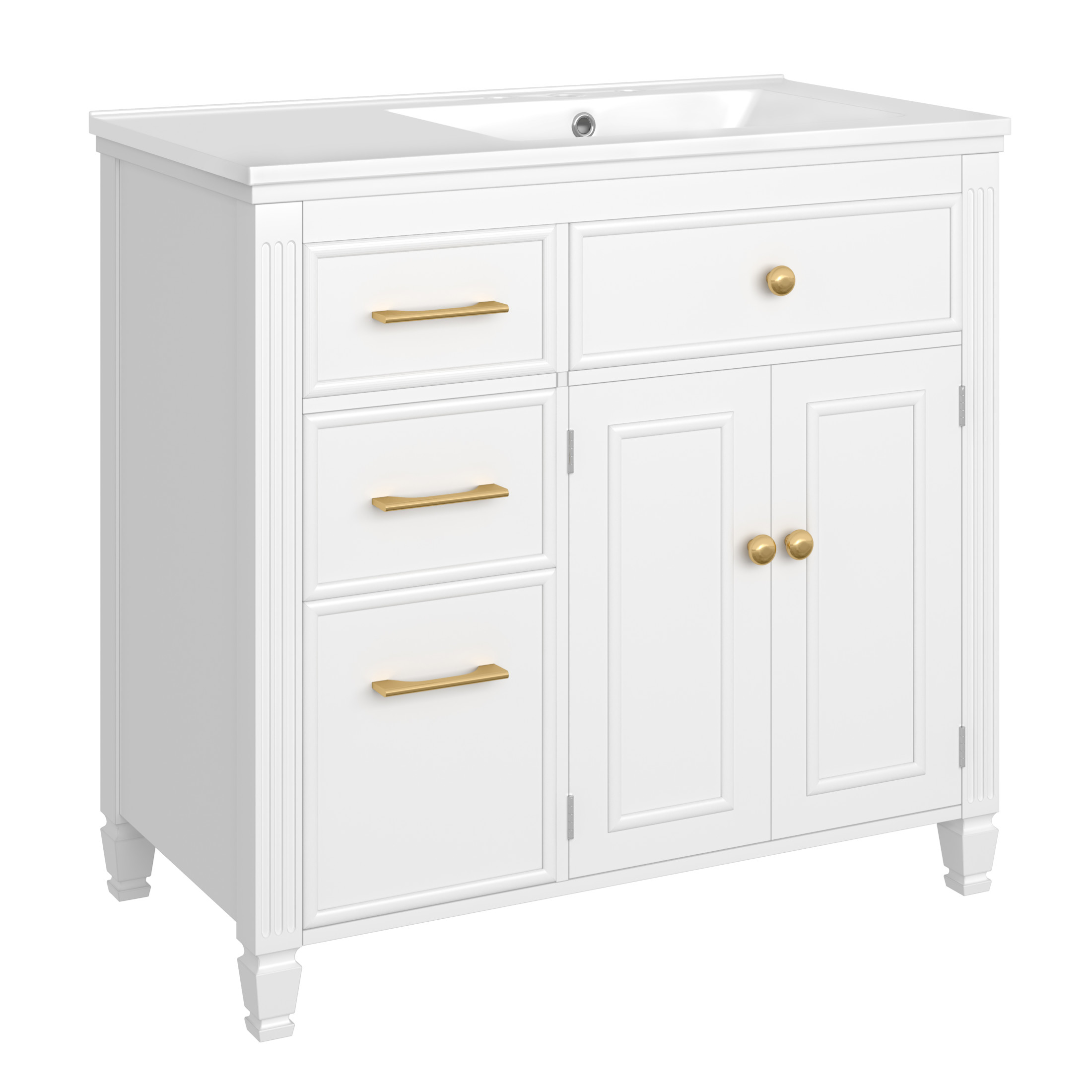 Christopher Knight Home 36" Bathroom Vanity with Sink, Tip-out Drawers & Gold Metal Handles, White