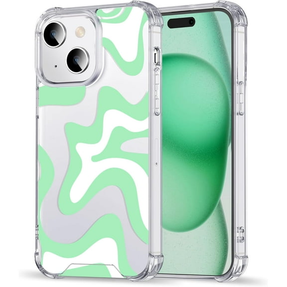 Case for iPhone 15, Painting Printed Cute Wavy Pattern Simple Exquisite Stylish iPhone 15 Cases Durable Soft TPU Shockproof Protective Slim Phone Cover for Girls Women, White & Green