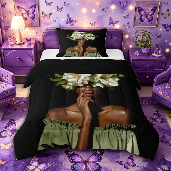 Castle Fairy Black Woman Twin Comforter Sets 2pcs,Artistic Floral Bloom Bedding Set,Green Black,Black Reversible,1 Comforter and 1 Pillowcase