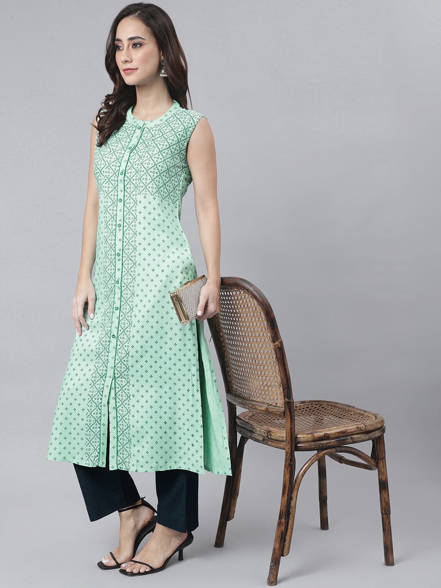 Janasya Indian Women's Sea Green Rayon Ethnic Motifs Straight Kurta