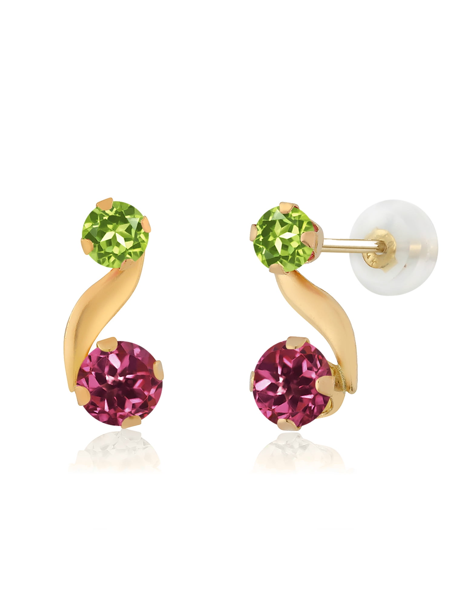 0.72 Ct Round Pink Tourmaline Green Peridot 14K Yellow Gold Earrings by