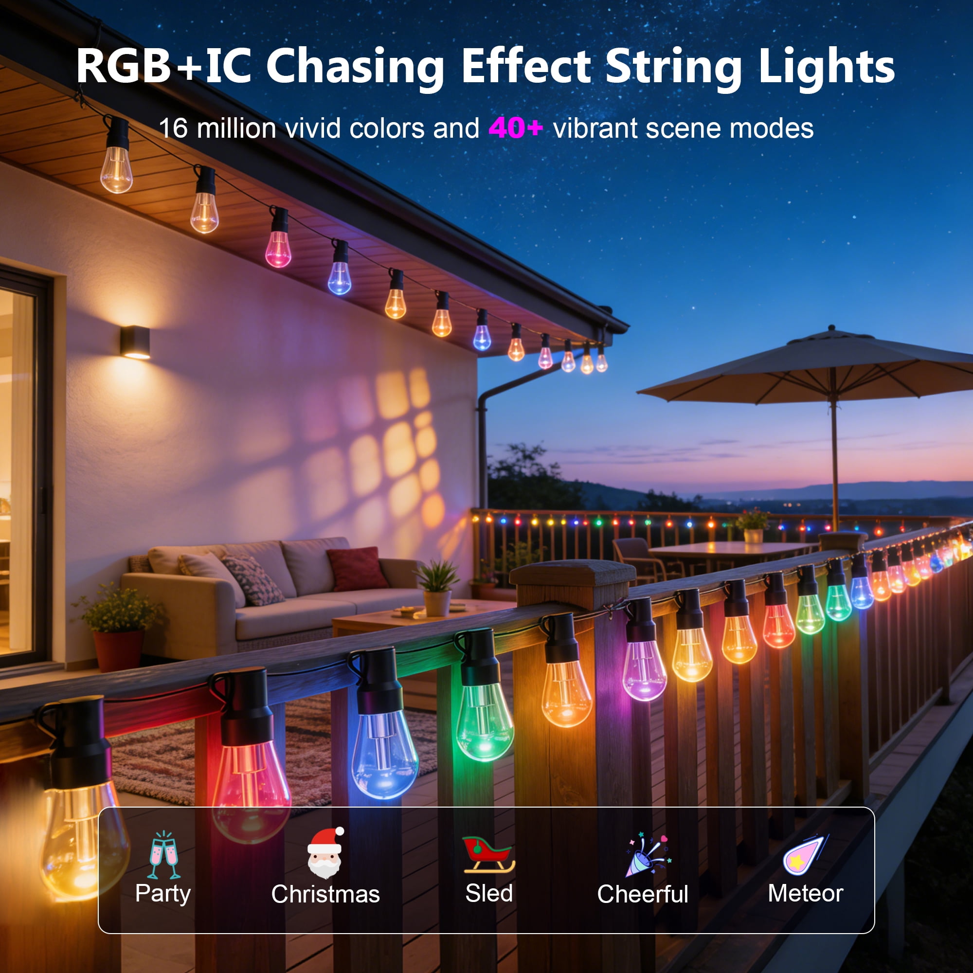 150FT RGB+IC Outdoor String Lights, Outside Light Dimmable Shatterproof LED Bulbs, IP67 Waterproof Chasing Effect Lighting DreamColor Patio Strip Lights for Backyard, Balcony, Outdoor Living