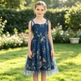 thumbnail image 2 of Girls Floral Embroidery Tulle Party Dress, Kids Spaghetti Strap Bow Tie Sweetheart Princess Gown, A-Line Midi Formal Dress for Wedding Holiday Party(Navy,9-10 Years), 2 of 4