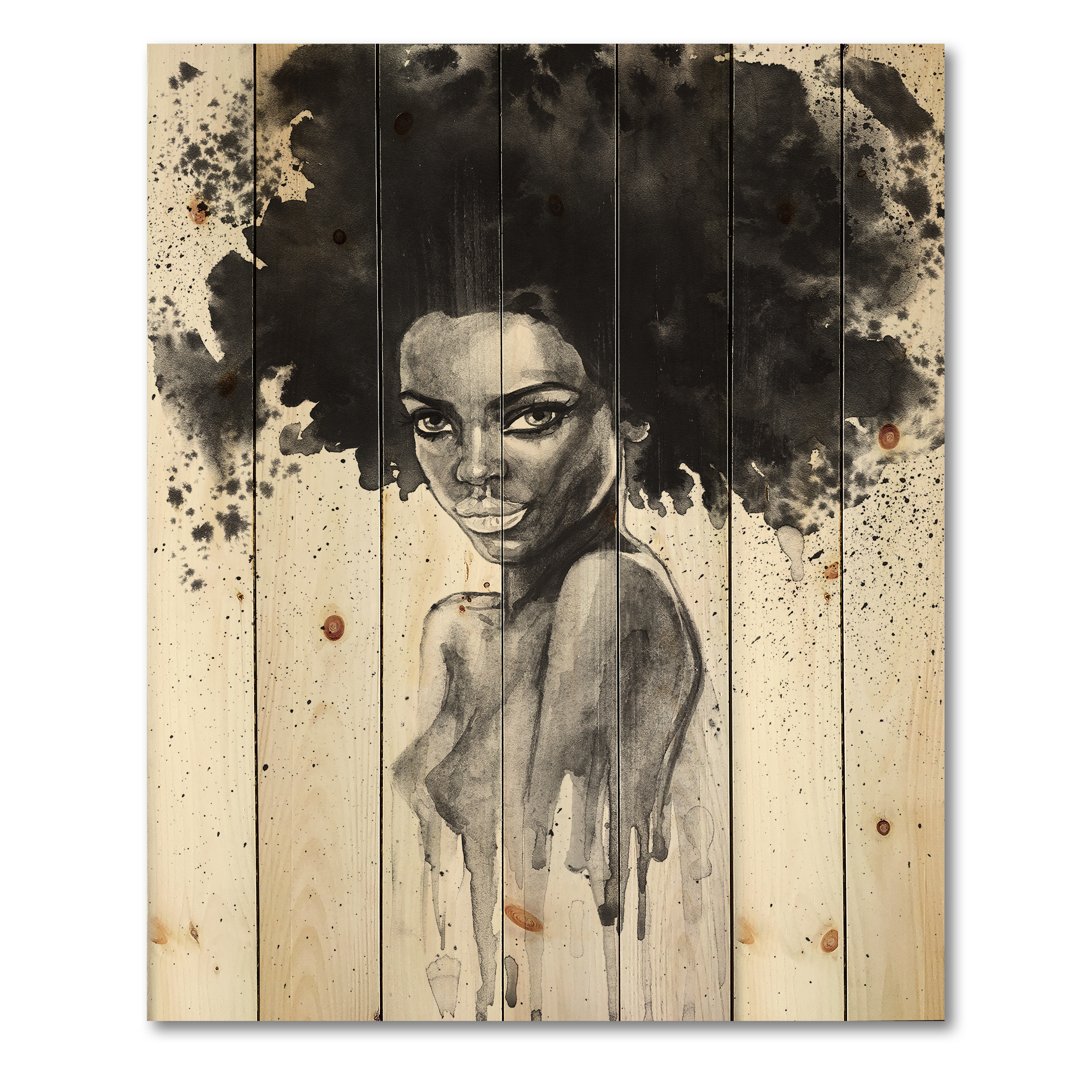 Designart 'Black and White Portrait of African American Woman III' Modern Print on Natural Pine Wood