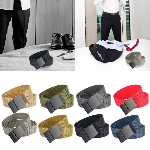 IQOGKRN Men's Casual Woven Canvas Belt with Metal Plate Buckle Adjustable Elastic Waist Strap for Jeans Black 120cm