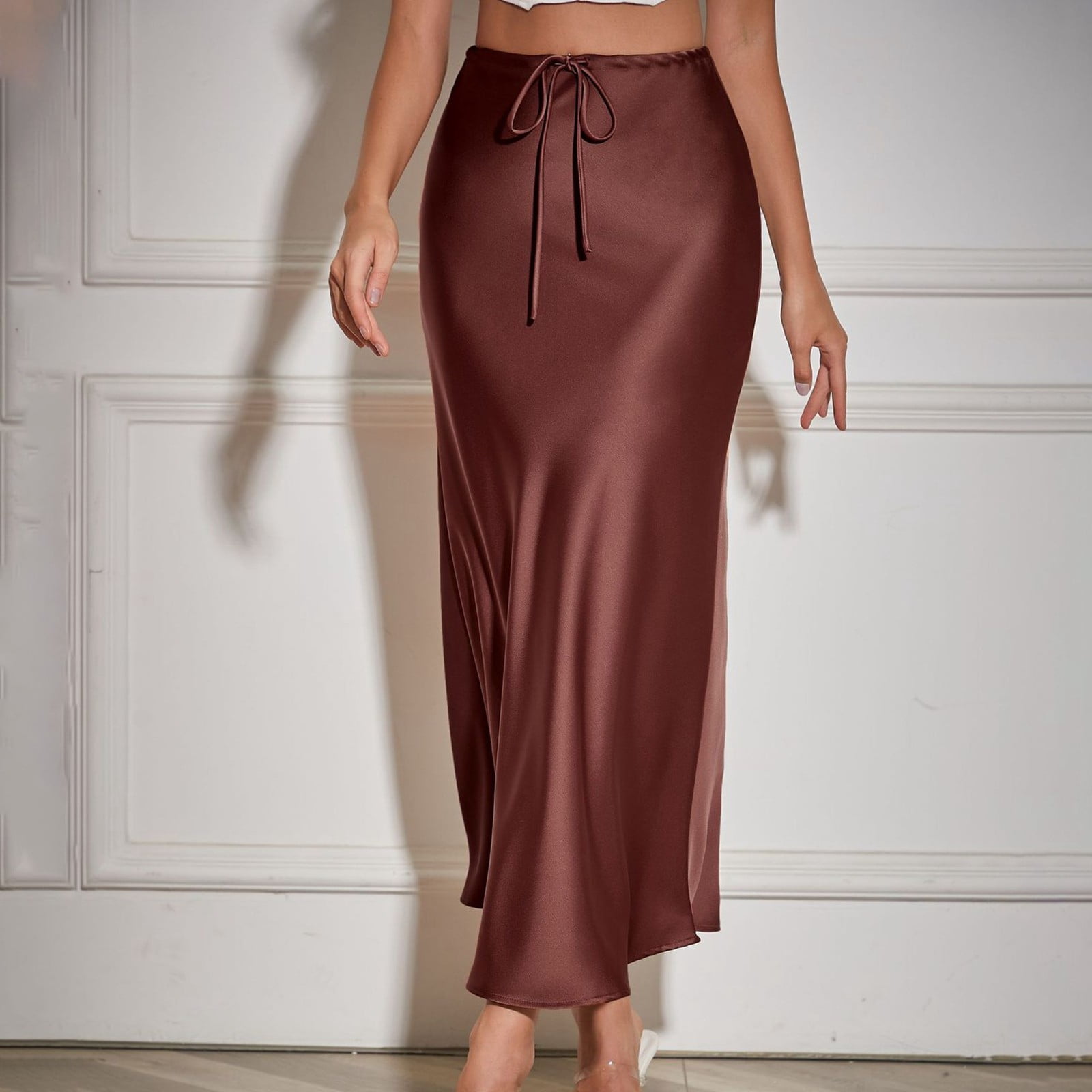 Wyzesi Short Skirt with Slit Women'S Solid Color Satin Long Dress