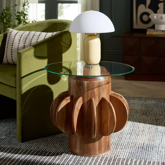 Safavieh Marata Modern Wood and Glass Round End Table, Glass / Walnut