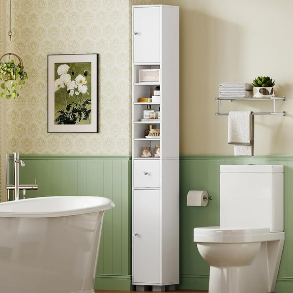 Narrow Bathroom Storage Cabinet with 5 Adjustable Shelves & Drawer, Freestanding Cupboard for Small Spaces, White
