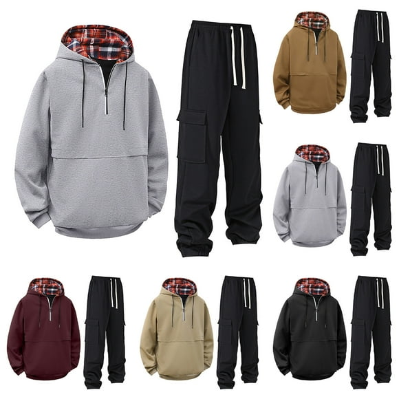 YOIAVAIOY Men's 2 Piece Hooded Outfits Drawstring Quarter Zip Hoodie Cargo Joggers Loose Fit Causal Athletic Sets Fall Winter Jogging Tracksuit Set Khaki L