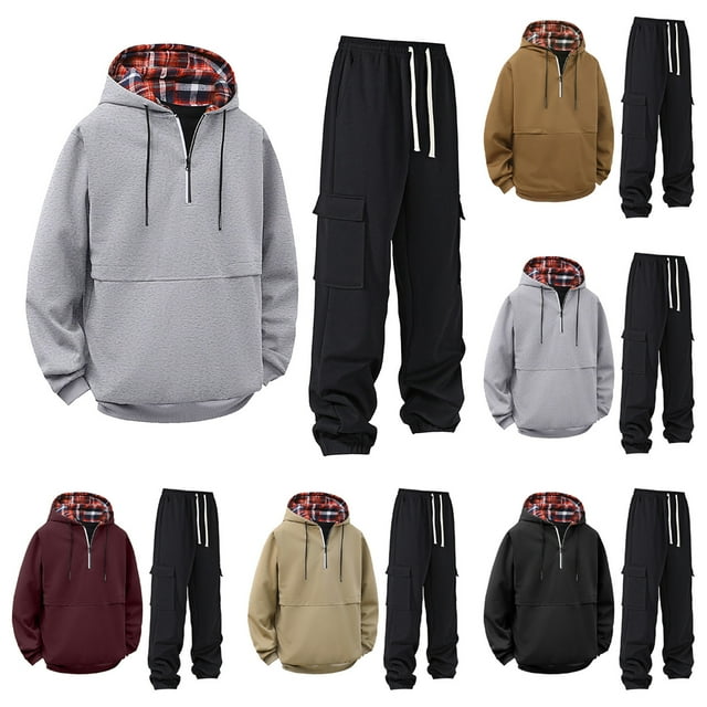 YOIAVAIOY Men's 2 Piece Hooded Outfits Drawstring Quarter Zip Hoodie Cargo Joggers Loose Fit Causal Athletic Sets Fall Winter Jogging Tracksuit Set Khaki M
