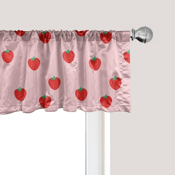 Ambesonne Strawberry Window Valance, Cartoon Summer Fruits, 54" X 18", Rose Dark Pink and Green