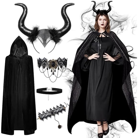 AYUQI Evil Queen Costume for Women, Witch Long Horns Hooded Cloak Gothic Necklace Bracelet Black Choker for Halloween Cosplay Party