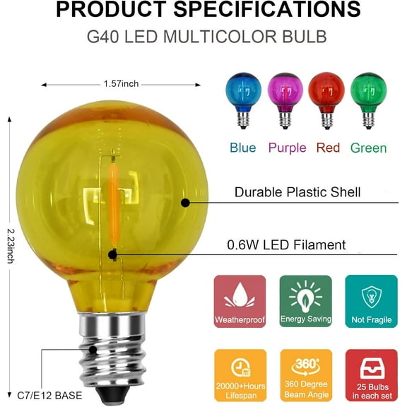 YJYASX-G40 LED Christmas Replacement Globe Light Bulbs, Shatterproof Round Christmas Light Bulbs for Outdoor Indoor Decor - Clear Multicolor - 25 Pack, E12 Base
