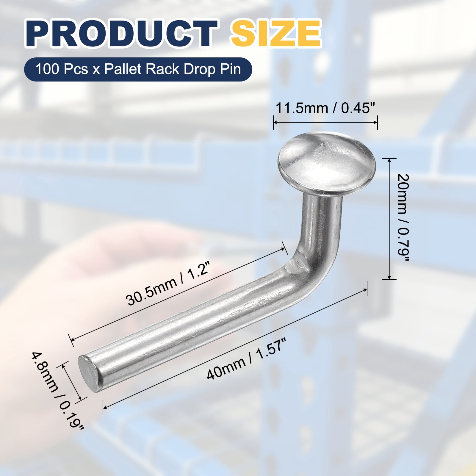 Uxcell 100 Pack Pallet Rack Drop Pin, 1.2 x 0.19 Inch Pallet Rack Safety Bolt Round Head J Bolt Universal Pins for Warehouse Racks and Shelving Units