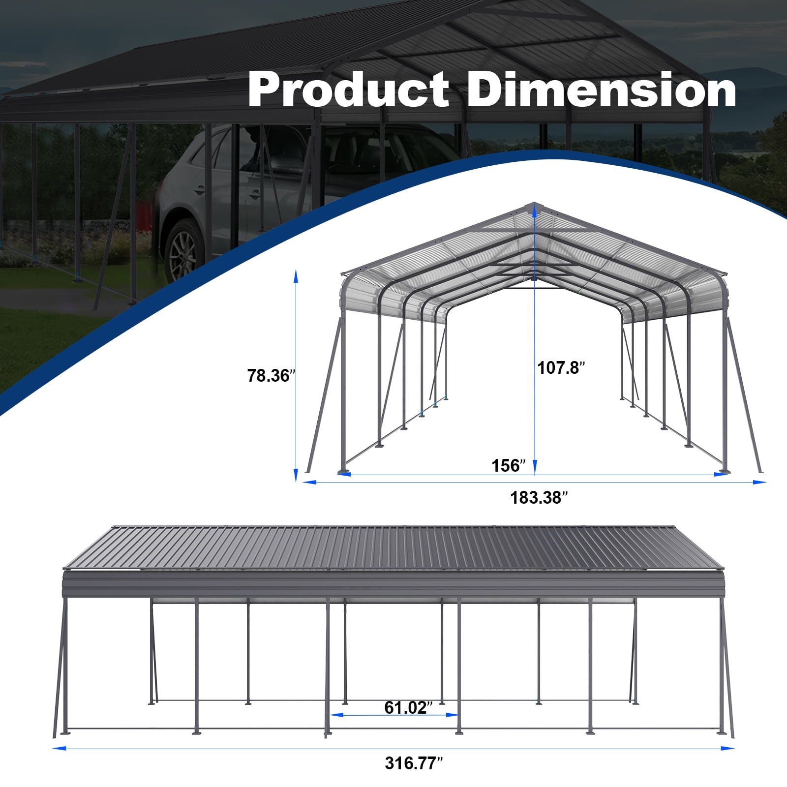 Metal Carport 13 ×26.5 FT Heavy Duty with Galvanized Steel Roof, Metal Garage Canopy with Galvanized Steel Roof & Frame, Car Tent Outdoor Storage Shed for Car, Boats and Truck, Gray