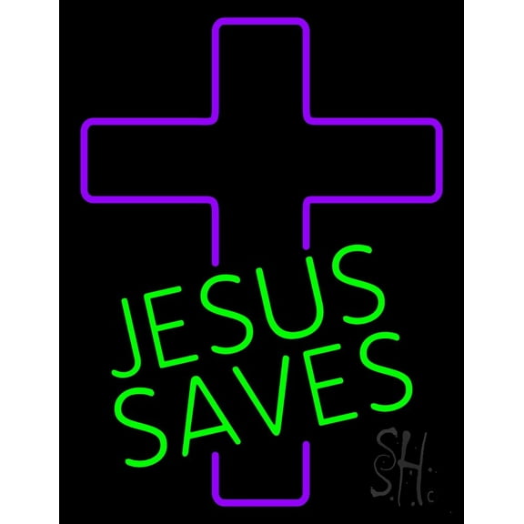 Green Jesus Saves Purple Cross LED Neon Sign 19" Tall x 15" Wide - inches Black Square Cut Acrylic Backing, with Dimmer - Premium built indoor Sign for Home décor, Religious place, Store interior.