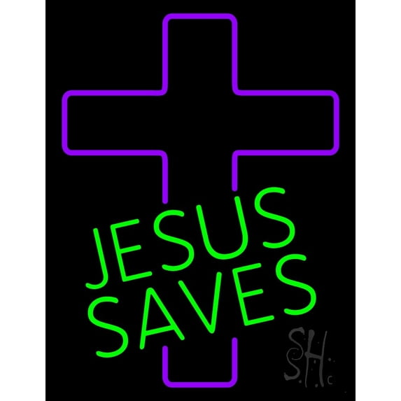 Green Jesus Saves Purple Cross LED Neon Sign 31" Tall x 24" Wide - inches Black Square Cut Acrylic Backing, with Dimmer - Premium built indoor Sign for Home décor, Religious place, Store interior.