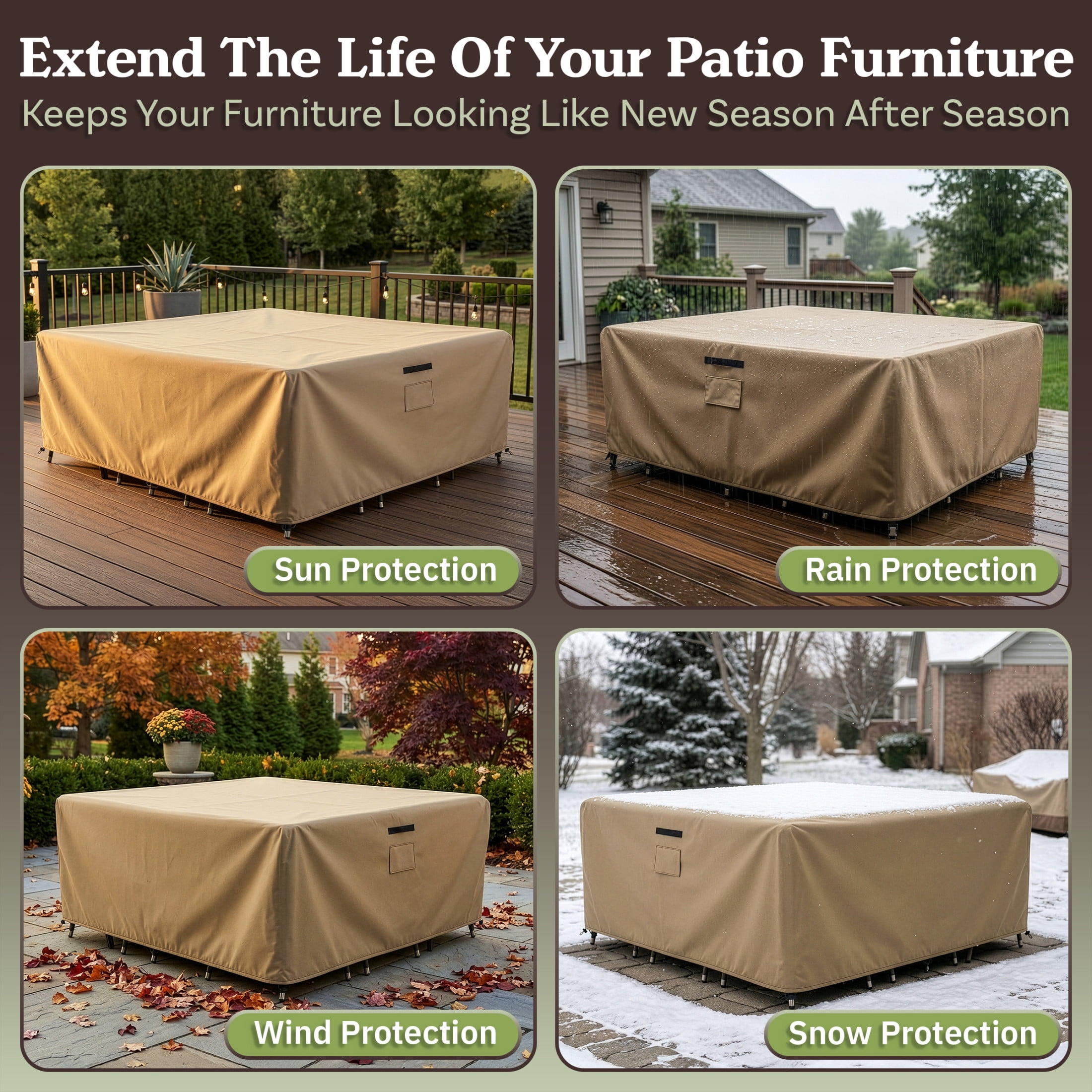 Pure Garden 106x106x28in Waterproof Square Furniture Outdoor Table Cover, Tan