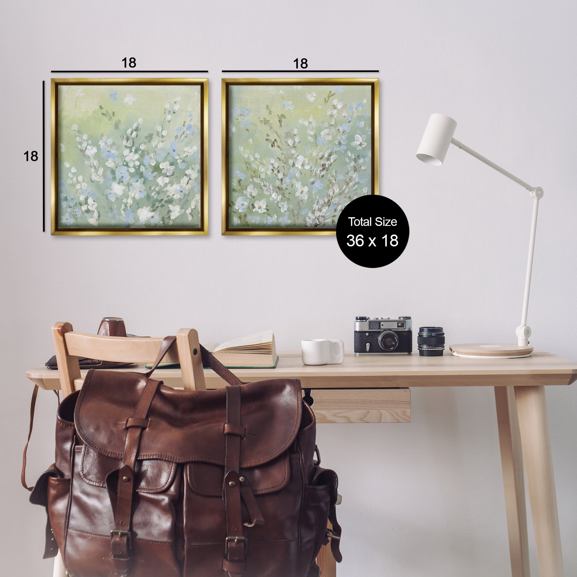 Stupell Industries Wispy Willows Blooms Floral & Botanical Painting Gold Floater Framed Canvas Art Print Wall Art, 18 x 18, Set of 2