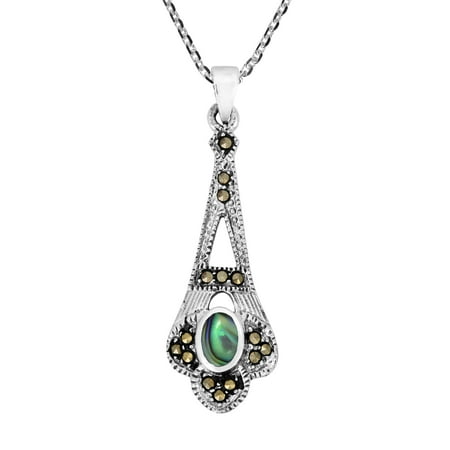 Vintage Sterling Silver Dangle Pendant w/ Oval Abalone Shell Necklace