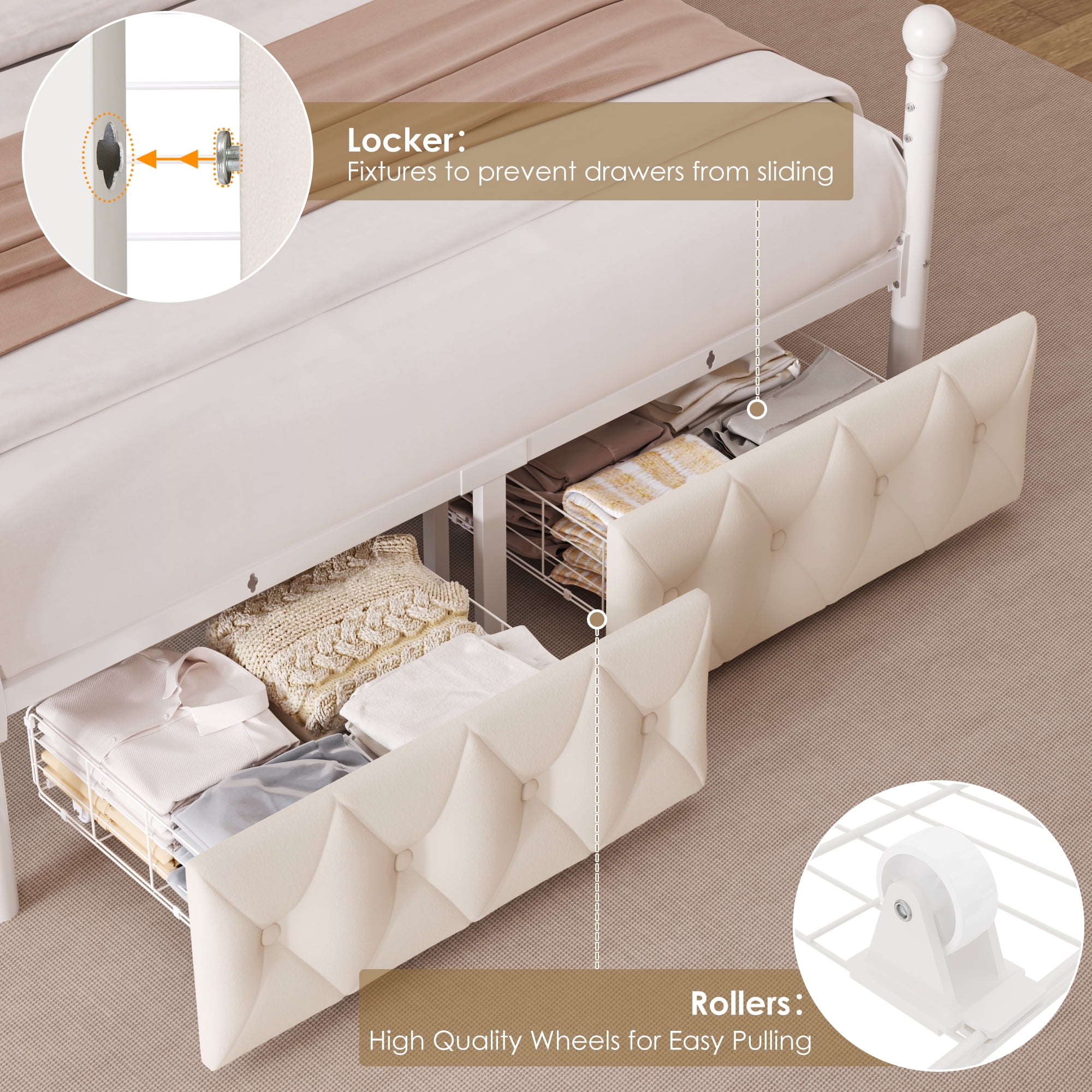 Hiphuta Full Size Upholstered Canopy Bed with Charging Station & Storage Drawer,Button Tufted Headboard with LED Light, Full Bed Frames, Beige