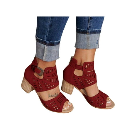

Crocowalk Women High Heels Chunky Heel Dress Sandal Beach Heeled Sandals Womens Shoes Work Comfort Summer Pumps Red 9