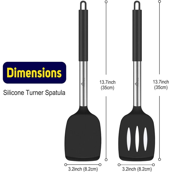 Silicone Spatula Set of 2 Heat-Resistant 600°F & BPA-Free Kitchen SaptulaTurner with Stainless Steel Handles, Slotted & Solid Spatulas for Nonstick Cookware, 13.7 Inch, Black