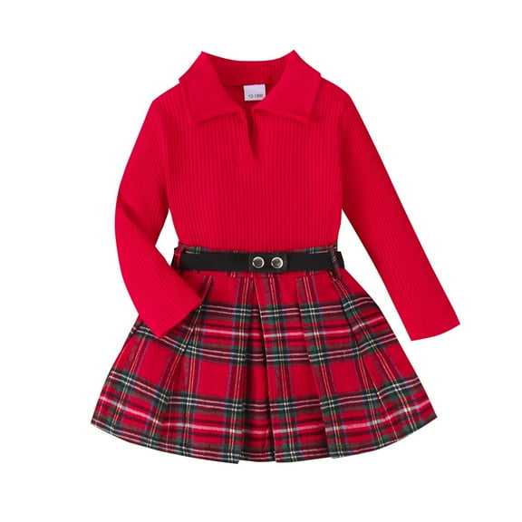 GYRATEDREAM Toddler Baby Girls Skirt 3Pcs Set Little Kids Lapel Long Sleeve Pit Strip Ribbed T Shirt Top Plaid Pleated Mini Skirt with Belt Outfits Fall Winter Clothes for 12 Months-5 Years Red