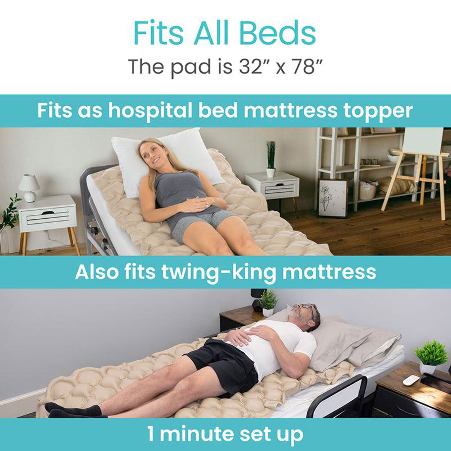 Vive Alternating Air Pressure Mattress Pad Replacement - Original Bed Sore Prevention Solution - Hospital & Home Mattress Topper with Waterproof Inflatable Ulcer Cushion Pad & Heat-Resistant Design