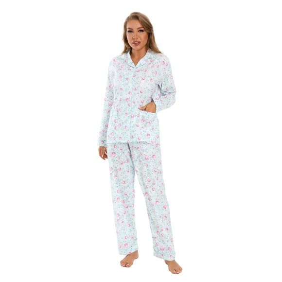 GLOBAL Conjuntos de Pijamas de Algodón para Mujer Ropa de Dormir de Manga Larga con Botones Ropa de Dormir Cómoda Conjunto de Pijama Suave Rosa Verde Floral 3XL